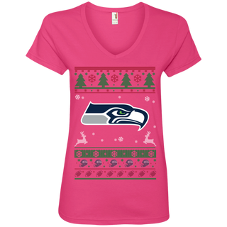 Seattle Seahawks Logo Football Teams Ugly Christmas Sweater Women's V-Neck T-Shirt
